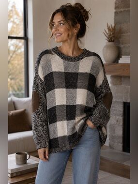BDG Monochrome Plaid Sweater with Brown Elbow Accents Size S Classic Cozy Fall